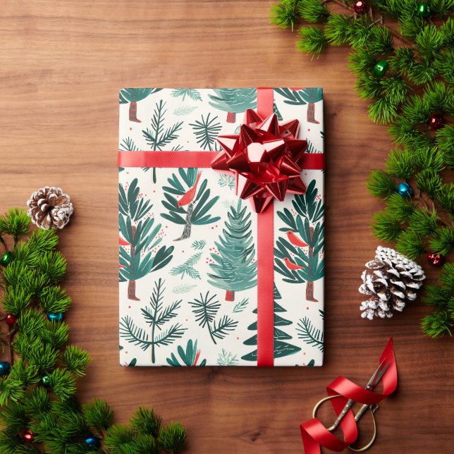 Papel De Presente Pássaros Vermelhos E Árvores Verdes Num Fundo Bran (Presente de Natal)