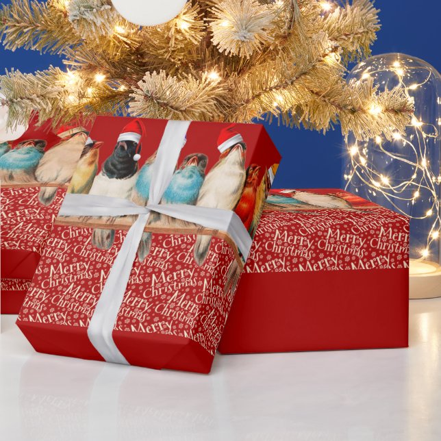 Papel De Presente Pássaros Vestindo Papai Noel Sentados em uma Perca (Feriados)