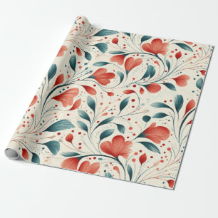 Papel De Presente Pasta Azul Whimsical e Padrão Floral Vermelho