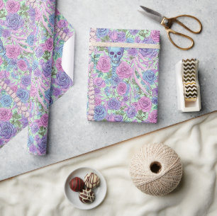 Papel De Presente Pasta Gótico Floral Crânio e Ossos Rosa