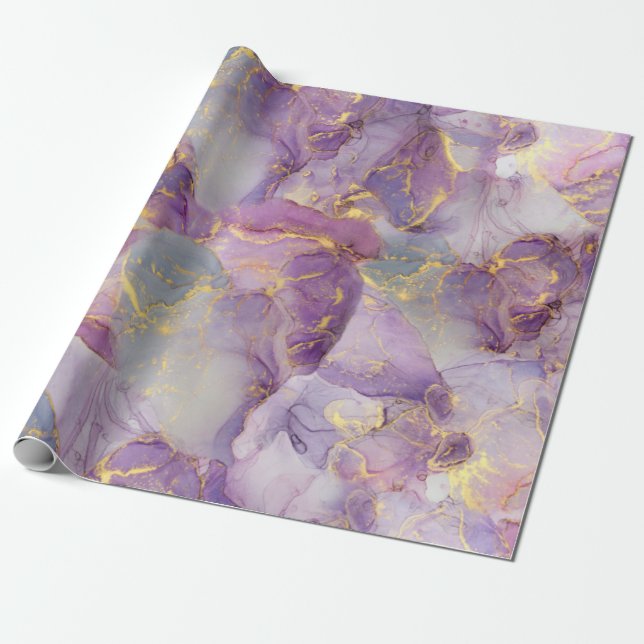Papel De Presente Pasta Lilac, Azul e Dourado Padrões do Mármaco (Desenrolado)