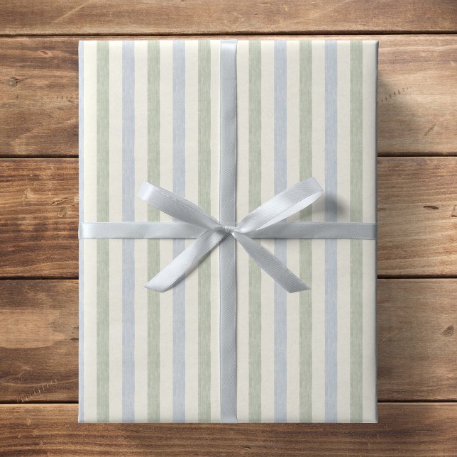 Papel De Presente Pastel Azul Claro Verde Sage Bege Listra Boho (Criador carregado)