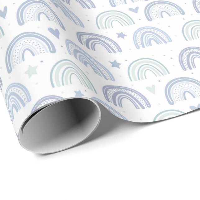 Papel De Presente Pastel Baby Blue Rainbows (Ponta do rolo)