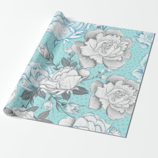 PAPEL DE PRESENTE PASTEL BLUE & CINZAS FLOWERS (Desenrolado)