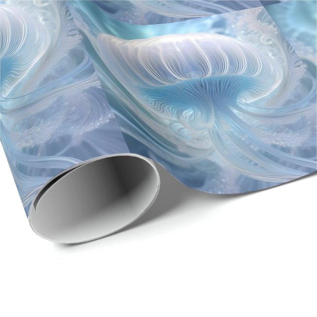 Papel De Presente Pastel Blue Jellyfish Arte Fractal Sob O Mar, (Ponta do rolo)