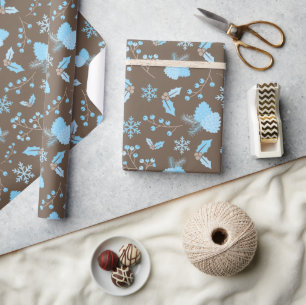 Papel De Presente Pastel Blue MistletoSnowflakes Pinecones Winter