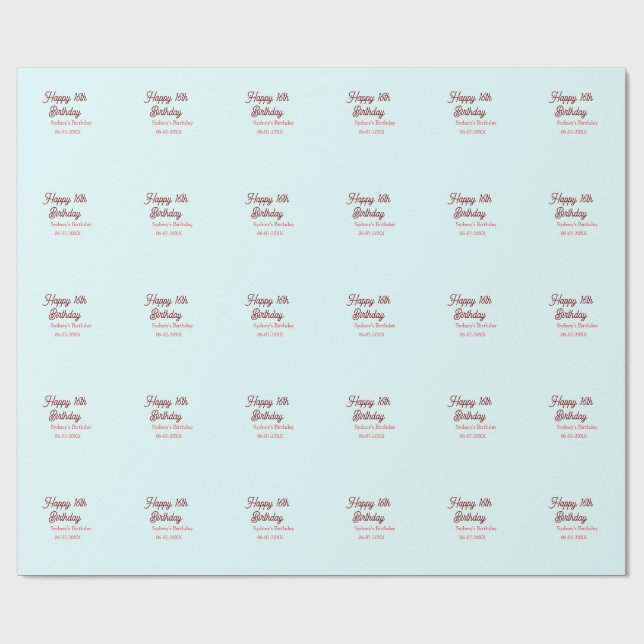 Papel De Presente Pastel blue red happy 16th birthday name date eleg (Aberto)