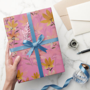 Papel De Presente Pastel Boho Mostarda Pink Flores