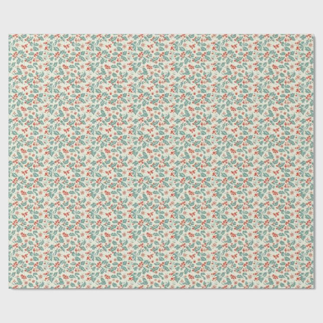 Papel De Presente Pastel Christmas Holly & Winter Foliage Pattern (Aberto)