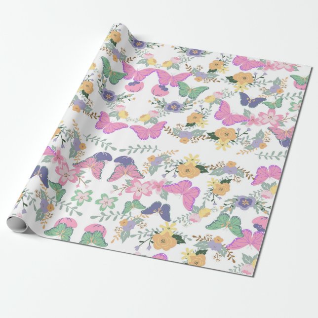 Papel De Presente Pastel Floral Butterflies Gift Wrap (Desenrolado)