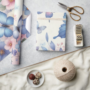 Papel De Presente Pastel Floral Butterfly Wraping Paper - Elegante