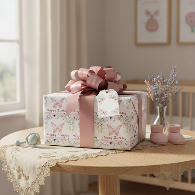 Papel De Presente Pastel floral e borboleta aniversário de bebê (Criador carregado)