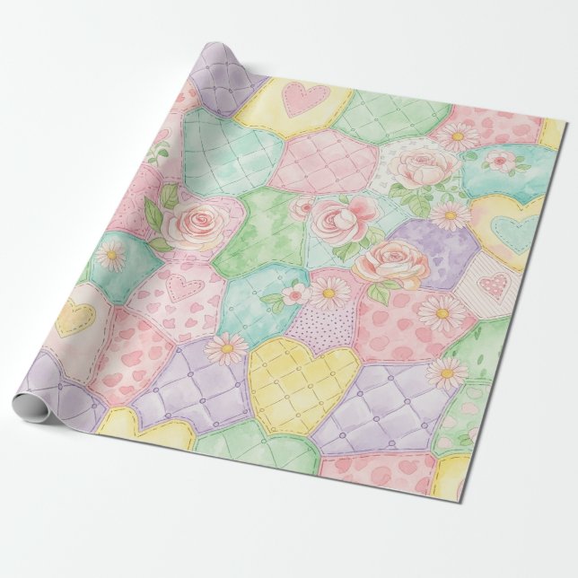 Papel De Presente Pastel Floral Patchwork Picnic Pattern (4) (Desenrolado)