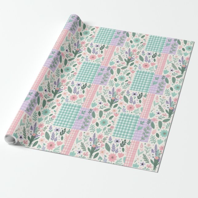 Papel De Presente Pastel Floral Patchwork Wraping Paper (Desenrolado)