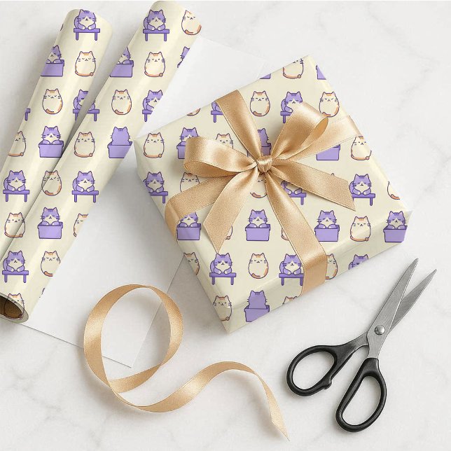 Papel de Presente Pastel Gato Fofo Lavanda Kawaii (Kawaii Lavender Chonky Cat Pastel Gift Wrap Paper)