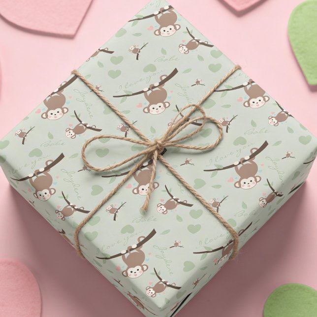 Papel De Presente Pastel Green Monkey Valentine Wrapping Paper  (Wrap it, love it. This pastel custom monkey Valentine paper is perfect for gifts and crafts.)