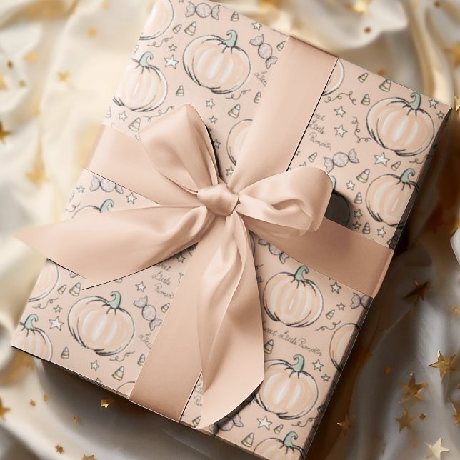 Papel De Presente Pastel Orange Sweet Little Pumpkin Baby (Adorable Baby Halloween Illustrations Hand-drawn by Nathalie Portet. Soft Pastel Orange Background. )