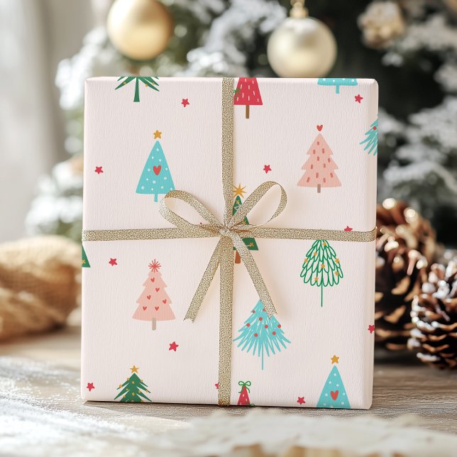 Papel De Presente Pastel Pink Christmas Trees Whimsical Holiday (Criador carregado)