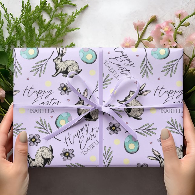 Papel De Presente Pastel Purple Felz pascoa Bunnies (Pastel Purple Happy Easter Wrapping Paper for Kids with Custom Name, Easter Bunnies, Eggs & Flowers.)