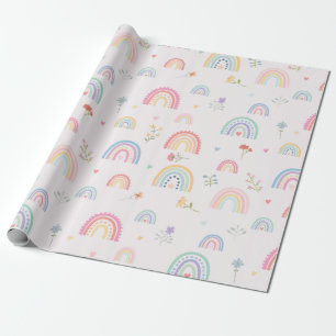 Papel De Presente Pastel Rainbows Girly Wildflower & Hearts