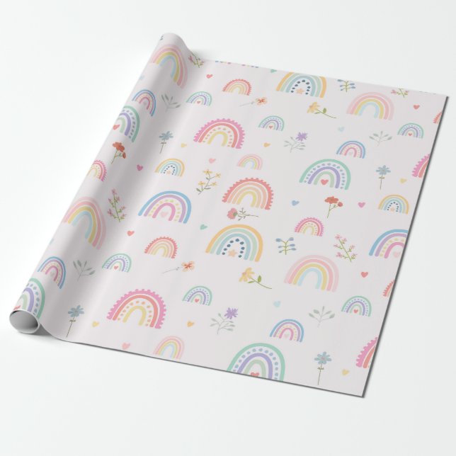 Papel De Presente Pastel Rainbows Girly Wildflower & Hearts (Desenrolado)