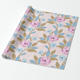 Papel De Presente Pastel Rosa Floral Dourado Glitter Barroco Antonie