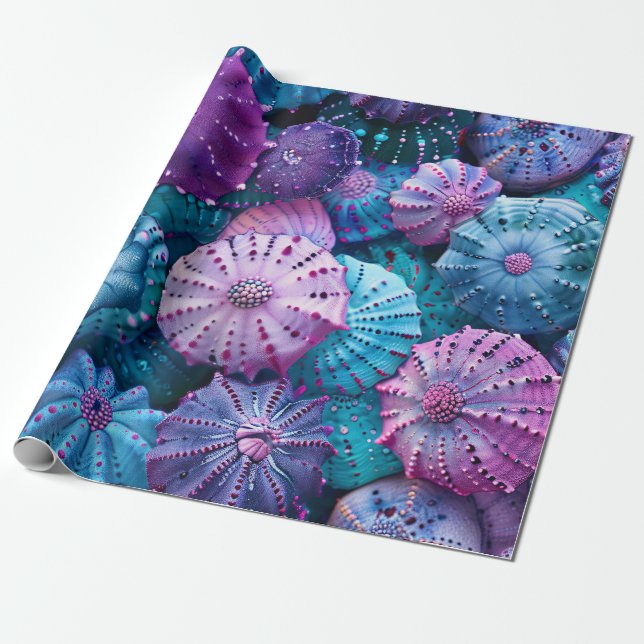 Papel De Presente Pastel Sea Urchins Teal e Roxo (Desenrolado)