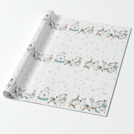 Papel De Presente Pastel Snowflakes Animais de Natal bonitos