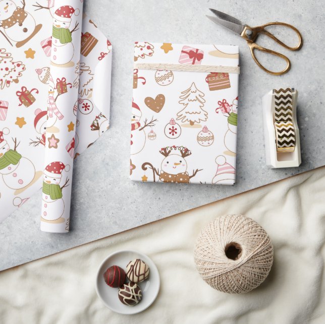 Papel De Presente Pastel Snowman Hearts Drawn (Artesanato)