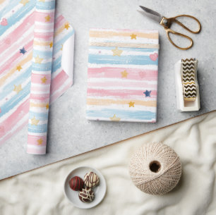 Papel De Presente Pastel Whimsical Striped Heart and Star Pattern De