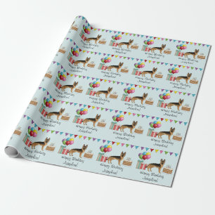 Papel De Presente Pastor Alemão Preto e Dourado Aniversário Colorido