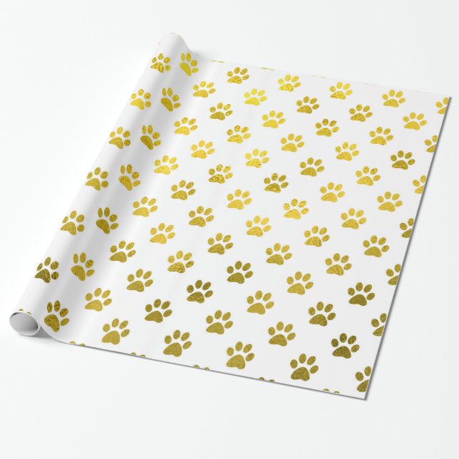Papel De Presente Pata De Cão Imprimir Douradas Pás De Folhas Metáli (Desenrolado)