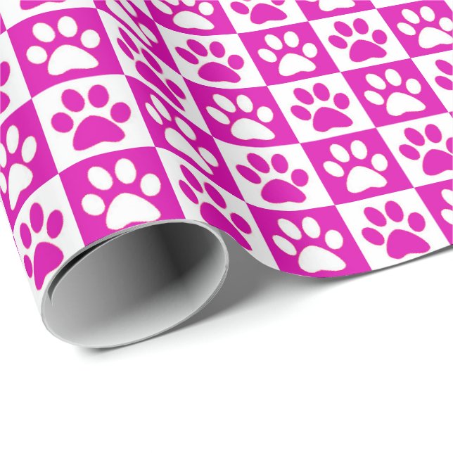 Papel De Presente Pata do cão Imprime rosa e branco brilhantes (Ponta do rolo)