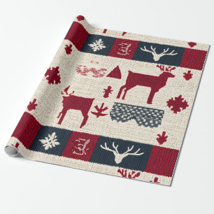 Papel De Presente Patches de Natal Nórdico   Reindeer Com Knit (2)