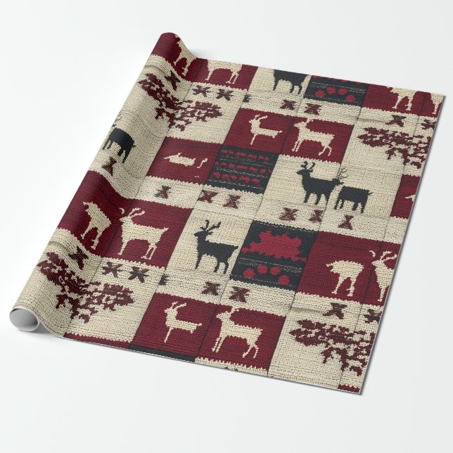 Papel De Presente Patches Rustic Cross-Stitch | Folk Holiday Motif (Desenrolado)