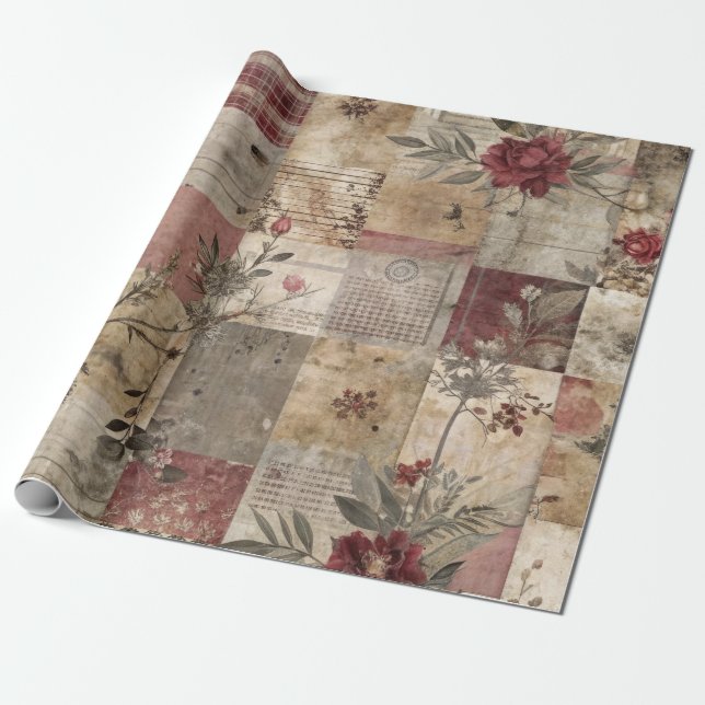 Papel De Presente Patchwork Botânico Rústico Vintage (Desenrolado)