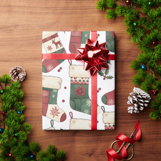 Papel De Presente Patchwork Christmas Stockings Red Green White (Presente de Natal)