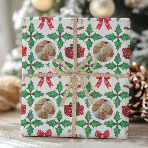 Papel De Presente Patchwork de Fotos de Natal com Azevinho de Famíli