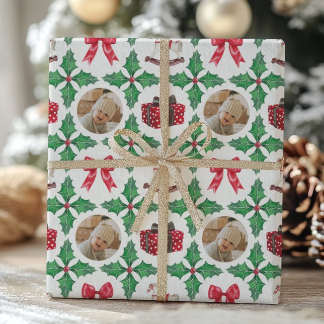 Papel De Presente Patchwork de Fotos de Natal com Azevinho de Famíli (Criador carregado)