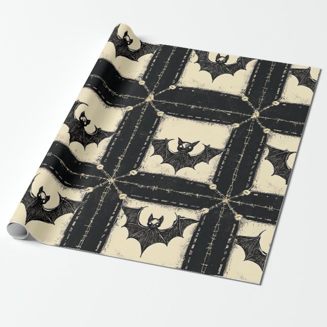 Papel De Presente Patchwork de Grunge Denim Halloween com Bats (Desenrolado)