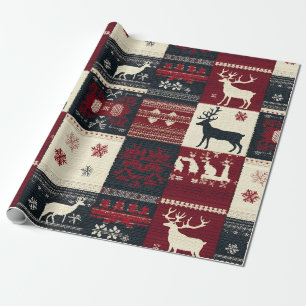Papel De Presente Patchwork do Fair Isle Knited   Rustic Reindeer