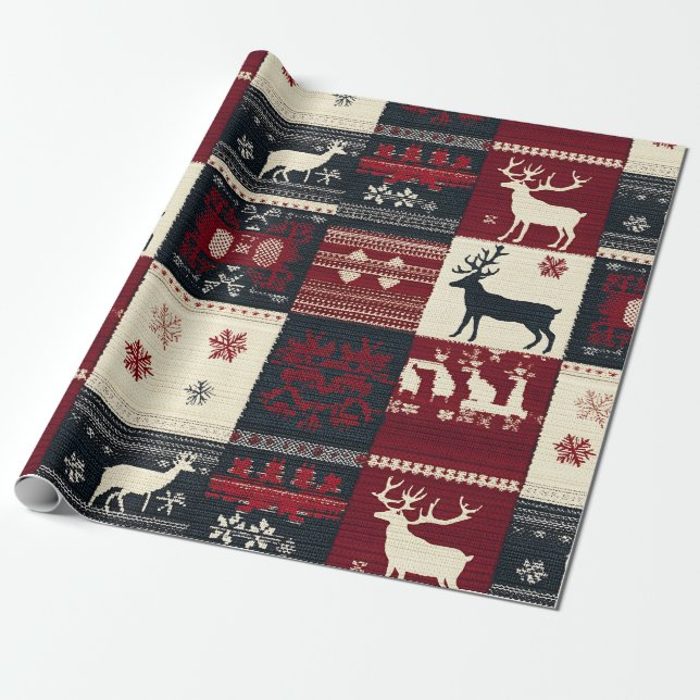 Papel De Presente Patchwork do Fair Isle Knited | Rustic Reindeer (Desenrolado)