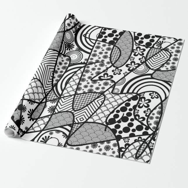 Papel De Presente Patchwork Preto e Branco de Padrões 02 (Desenrolado)