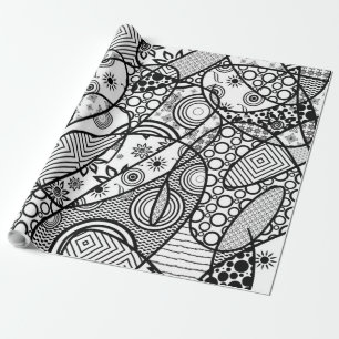 Papel De Presente Patchwork Preto e Branco Padrão 01