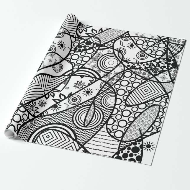 Papel De Presente Patchwork Preto e Branco Padrão 01 (Desenrolado)