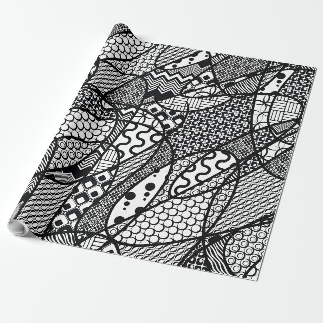 Papel De Presente Patchwork Preto e Branco Padrão 05 (Desenrolado)