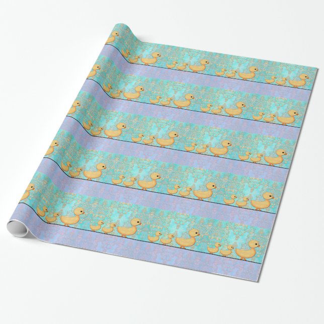 Papel De Presente Patinhos Fofos em Damasco Roxo Turquesa (Desenrolado)