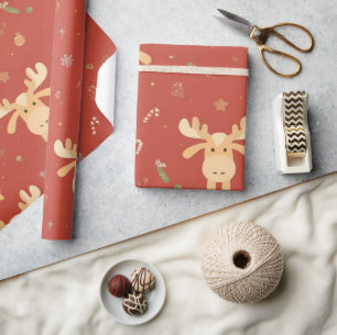 Papel De Presente Patite de cartoon de renas de natal Simples e Boni