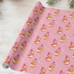 Papel De Presente Pato Cinto a Rosa e Floco de Neve