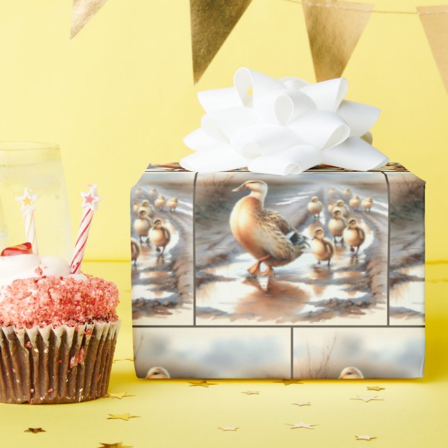 Papel De Presente Pato-Mãe Aquarela Com Patinhos (Festa de aniversário)